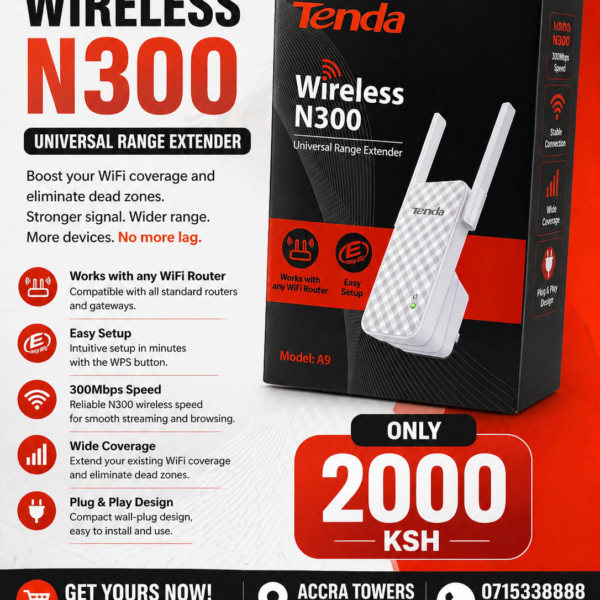 Tenda A9 Wireless N300 Universal WiFi Range Extender | Signal Booster with Easy Setup